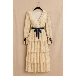 Just Me S Tiered  Dress Cream Holiday Party Cottagecore Vintage Wedding Guest
